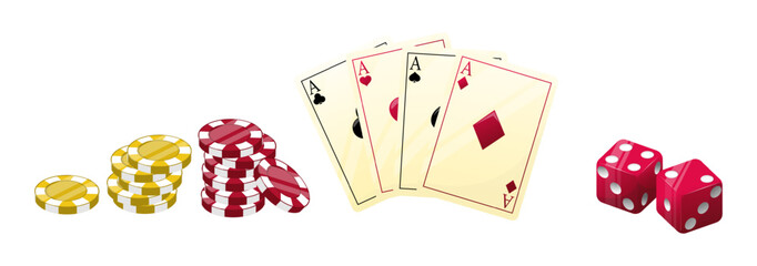 Playing card suits. Casino chips. Poker ace. Vegas casino gamble. Dice cube. Betting jackpot tokens. Gaming spade. Fortune game deck. Roulette wager coin. Vector isolated gambling set
