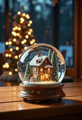 Christmas house in snow globe on a wooden table