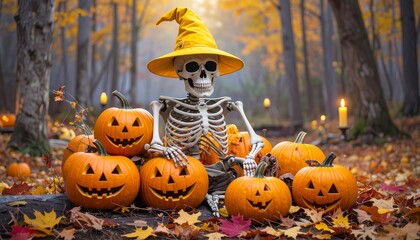 Skeleton with pumpkins in autumn forest (1)