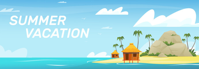Picturesque tropical island in ocean. Summer vacation. Sandy beach with bungalow hut. Scenic Caribbean seascape. Ocean coast nature. Paradise lagoon scenery. Vector horizontal banner