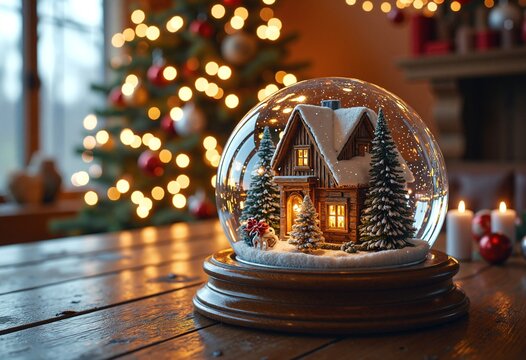 Christmas house in snow globe on a wooden table - Powered by Adobe