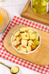 Pickled Sweet Sour Mango Cubes Guangxi Traditional Asian Preserved Fruit Snack in Bowl