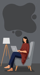 Woman working remotely on a laptop in a cozy armchair at home. Represents flexible modern work, comfort, and productivity. Ideal for lifestyle and business concepts.