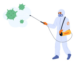 Man in special protective suit fights germs. Disinfecting against bacteria. Specialist spraying antibacterial sanitizer chemicals. Pathogens and viruses extermination. Vector concept