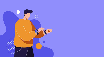 Modern man using a smartwatch and fitness tracker, pointing forward on a purple background. Represents digital lifestyle, health, technology, and tracking data.
