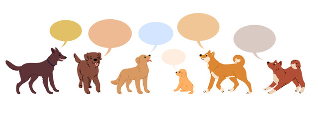 Dogs of different breeds, sizes and ages with speech bubbles. Pets communicate. Domestic animals interaction. Speaking frames. Mammals group talking. Doggy conversation. Vector concept