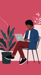 Black man focused on his laptop, working from home in a comfortable, modern space surrounded by plants. Ideal for remote work, business, and lifestyle concepts.