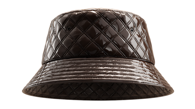 Realistic stylish quilted bucket hat, glossy fabric texture, elegant modern accessory, isolated on solid white background