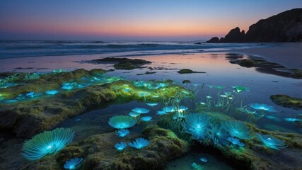 Obraz premium Bioluminescent jellyfish illuminating the shoreline at dusk, creating a magical coastal scene