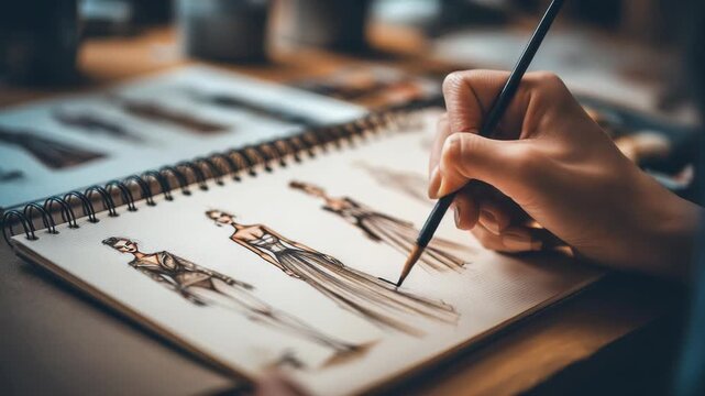 Fashion Designer Hand Sketching Dress Designs on Paper in Studio