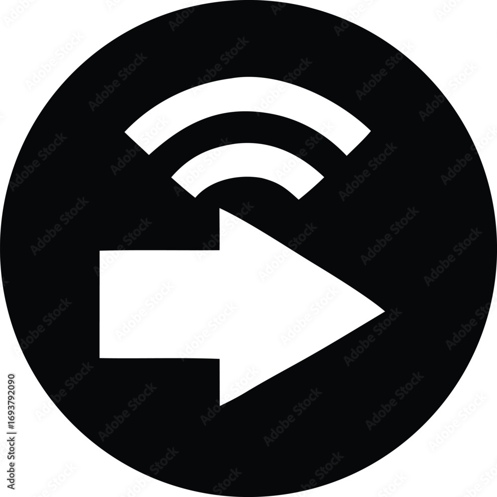 Poster white arrow with wireless signal symbol within a black circle icon for digital communication and nav