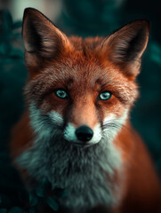 Fototapeta premium Fox with a blue eye stares at the camera. The image has a moody and mysterious feel to it, as the fox's gaze seems to be piercing and intense