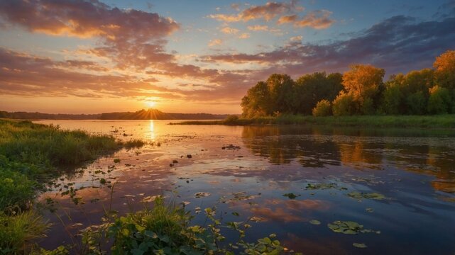 Serene sunset over a tranquil river with lush greenery reflecting on the water's surface