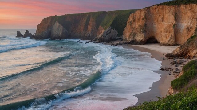 Serene coastal landscape at sunset with gentle waves lapping against the sandy shore and cliffs - Powered by Adobe