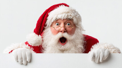 Astonished Santa Claus peeking over blank surface ready for your holiday message or promotion, festive and fun