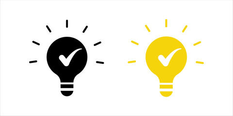 black bulb with checkmark like quick tip icon. flat stroke linear simple trend modern efficiency logotype design element isolated on white. concept of visionary info pictogram or conclusion symbol	
