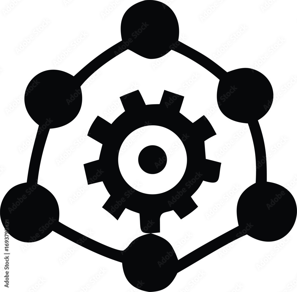 Poster abstract interconnected network of nodes surrounding a central gear symbol representing technology s