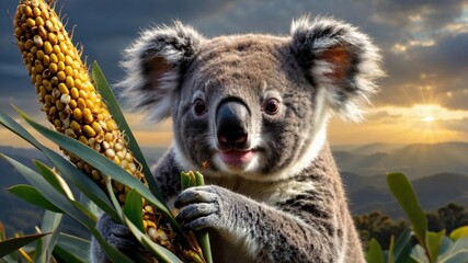 Fototapeta premium Koala holding an ear of corn amidst lush greenery, with mountains and a sunset in the background