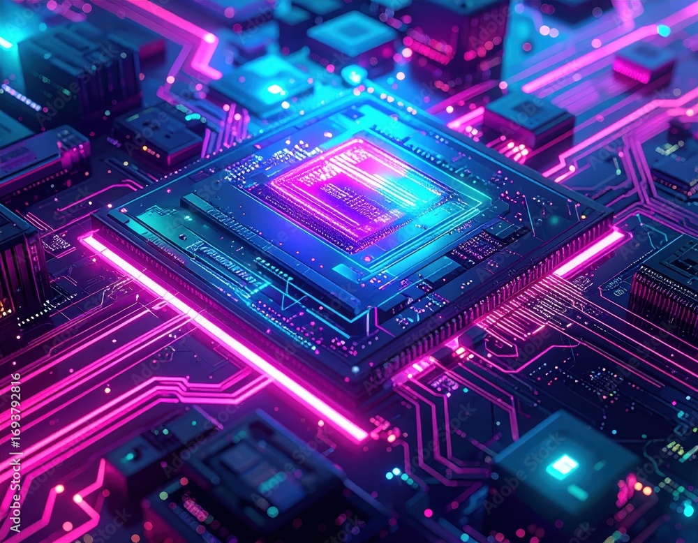 Poster a detailed close-up view of a circuit board, highlighted by vibrant neon pink and teal lines, showca