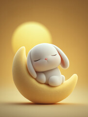 Adorable Bunny Sleeping Peacefully on Crescent Moon with Glowing Light in Warm Soft Tones, mid autumn festival