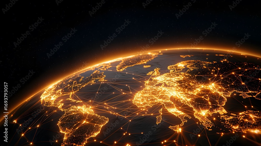 Aufkleber the image shows a stylized, glowing earth with a network of connected lights representing global com