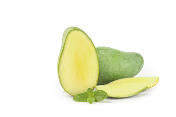 Fresh Raw Green Mango Slices from Guangxi China with Mint on White Background