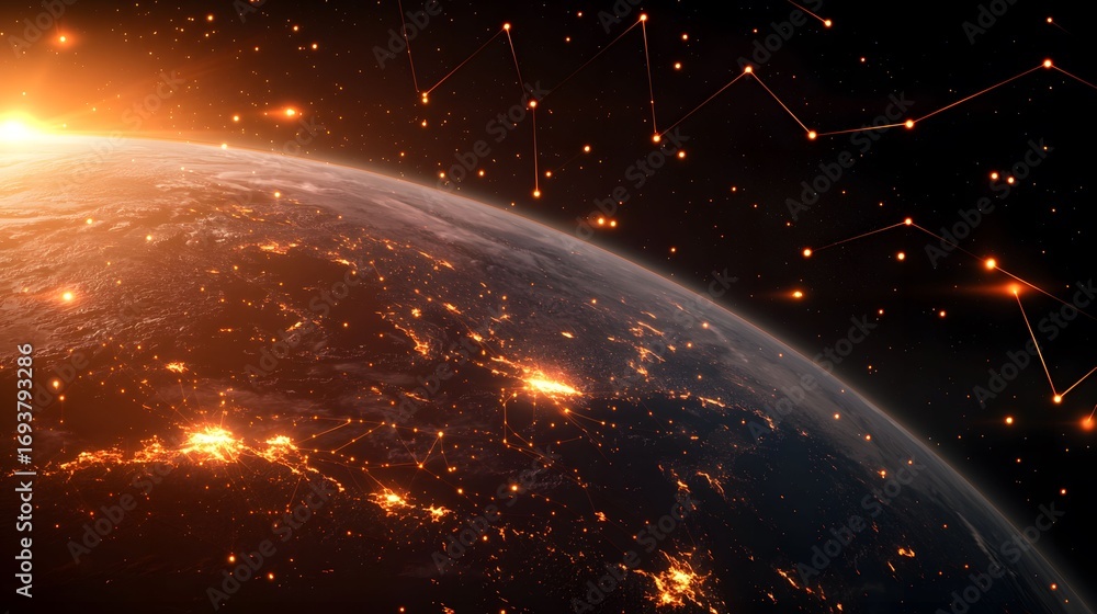 Poster the image features a view of the earth from space, with city lights glowing brightly and interconnec