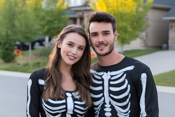 Obraz premium Halloween skeleton costume ideas for couples outside home Generative AI