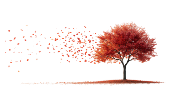 A red tree losing its leaves in the wind, created with AI