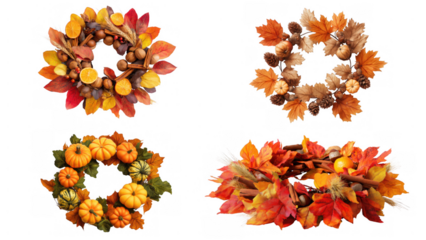Colorful wreaths with leaves, pumpkins, and nuts, created AI, PNG