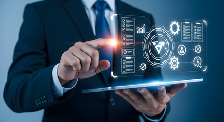 Professional businessman interacts with futuristic digital dashboard for data analysis and business strategy planning