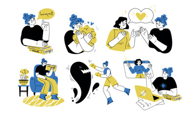 Stylized Illustrations Depicting Various Aspects of Relationships and Communication Processes