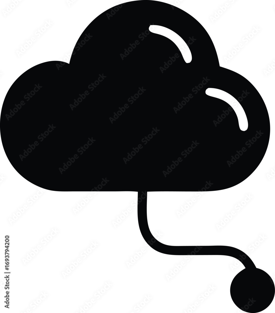 Poster stylized cloud icon with connecting cable and circle symbol representing data transfer and connectiv