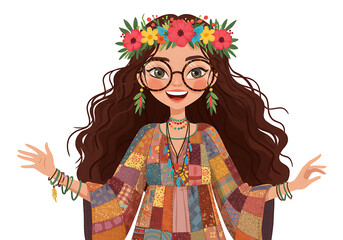 Fototapeta premium Hippie Girl with Flower Headband and Patchwork Dress