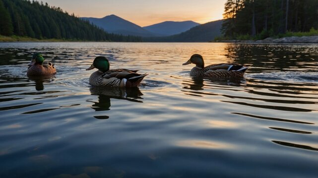Three ducks swimming peacefully in a serene lake during sunset, surrounded by mountains and trees