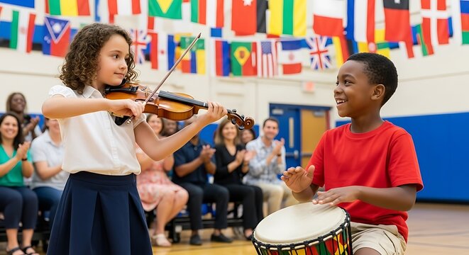 A young girl plays the violin while a boy plays the drum during a school cultural event with flags from around the world