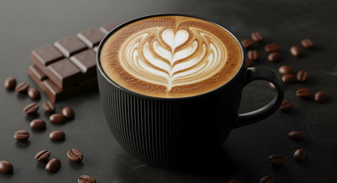 Beautiful latte art with a heart-leaf design in a stylish black ribbed cup, surrounded by chocolate bar pieces and coffee beans.