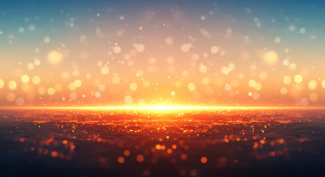 Glowing orange and yellow bokeh lights over dark textured surface with blue sky abstract background