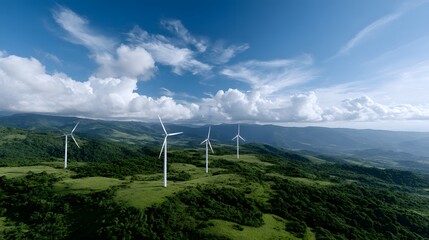 Wind turbines generating clean energy in a green landscape Generative AI