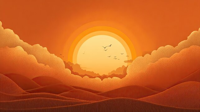 A vibrant sunset over rolling hills and clouds.