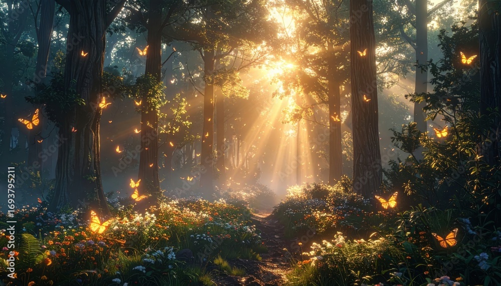 Poster golden sunlight streams through a mystical forest, illuminating a path filled with fluttering butter