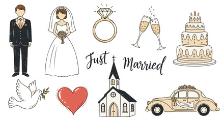 Illustration of wedding elements including bride groom and just married