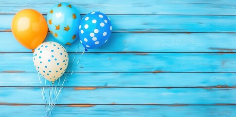 Colorful Balloons Float Above Blue Wood Backdrop And Party Theme