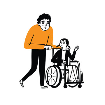 Concept of Care and Support: Man Assisting a Person in a Wheelchair