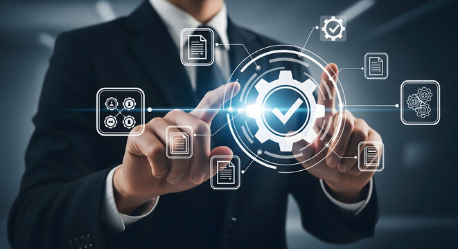Businessman interacts with digital interface showcasing business process optimization and quality control.