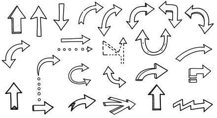 Collection of hand drawn black and white arrows pointing in different ways