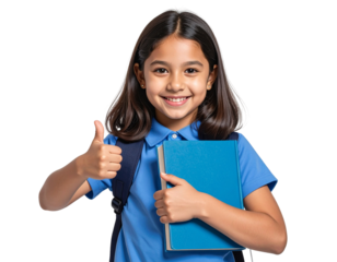 Happy Schoolgirl in Blue Polo Shirt with Book and Thumbs Up Gesture Isolated on Transparent background
