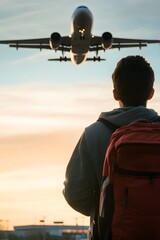 Young man with backpack watching airplane take off