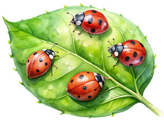 Fototapeta premium Watercolor illustration of ladybugs on a green leaf isolated on white background, depicting natures beauty