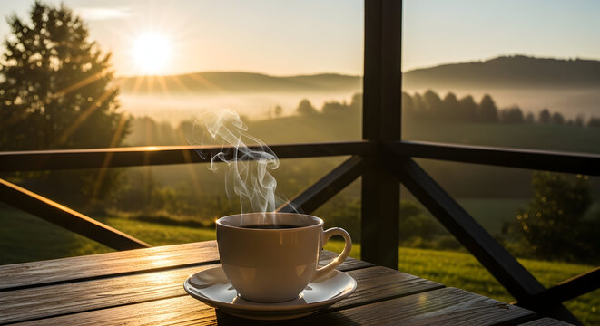Steaming cup of morning coffee on a rustic wooden table, enjoying a breathtaking sunrise over a foggy mountain landscape from a balcony.